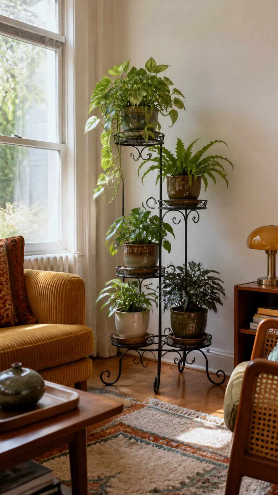 Vintage tiered plant stand with healthy houseplants in a retro room