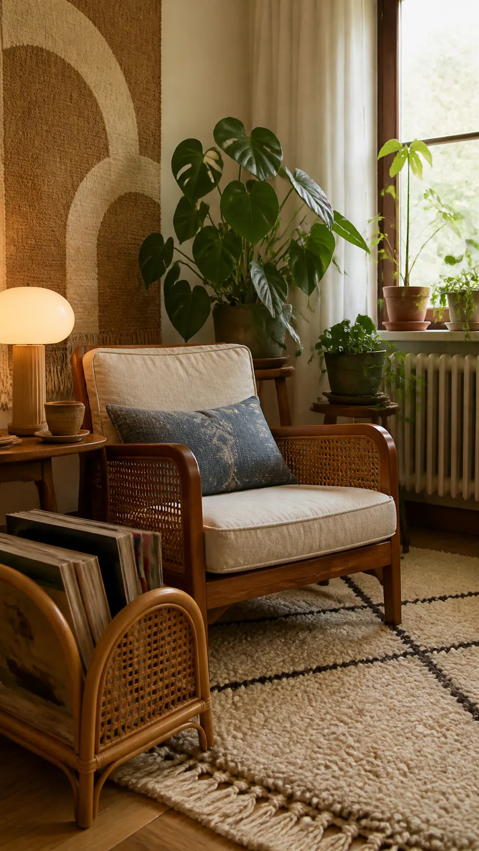 Retro living room layered with a cane chair and soft woven textiles