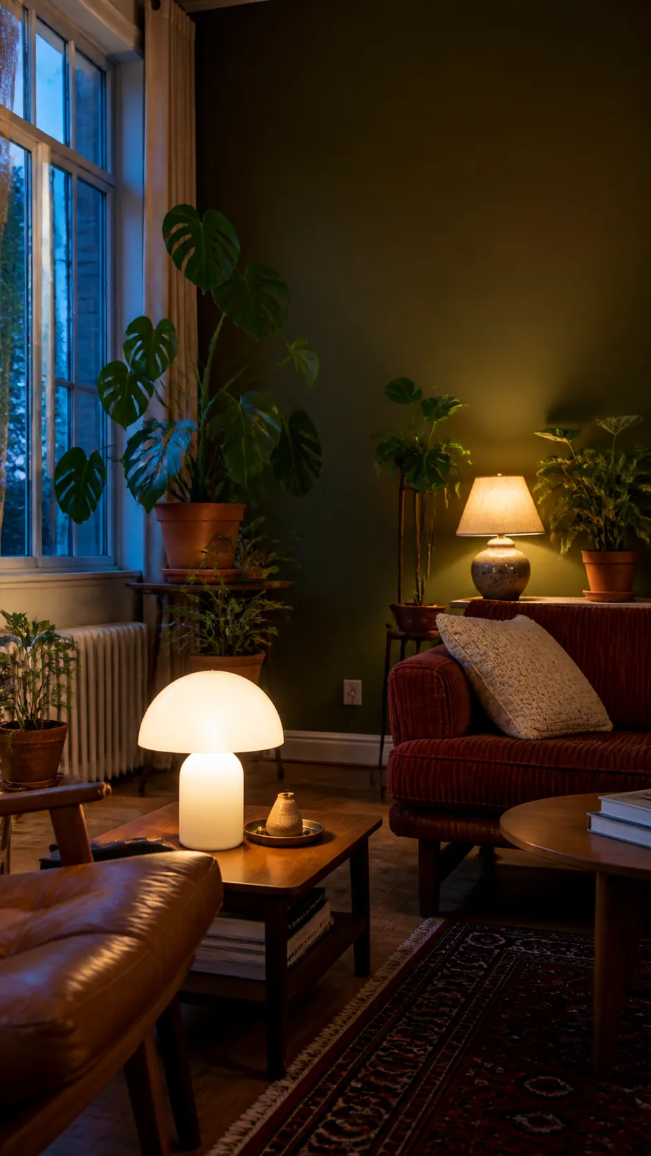 Cozy 70s living room lit by low mushroom and ceramic lamps