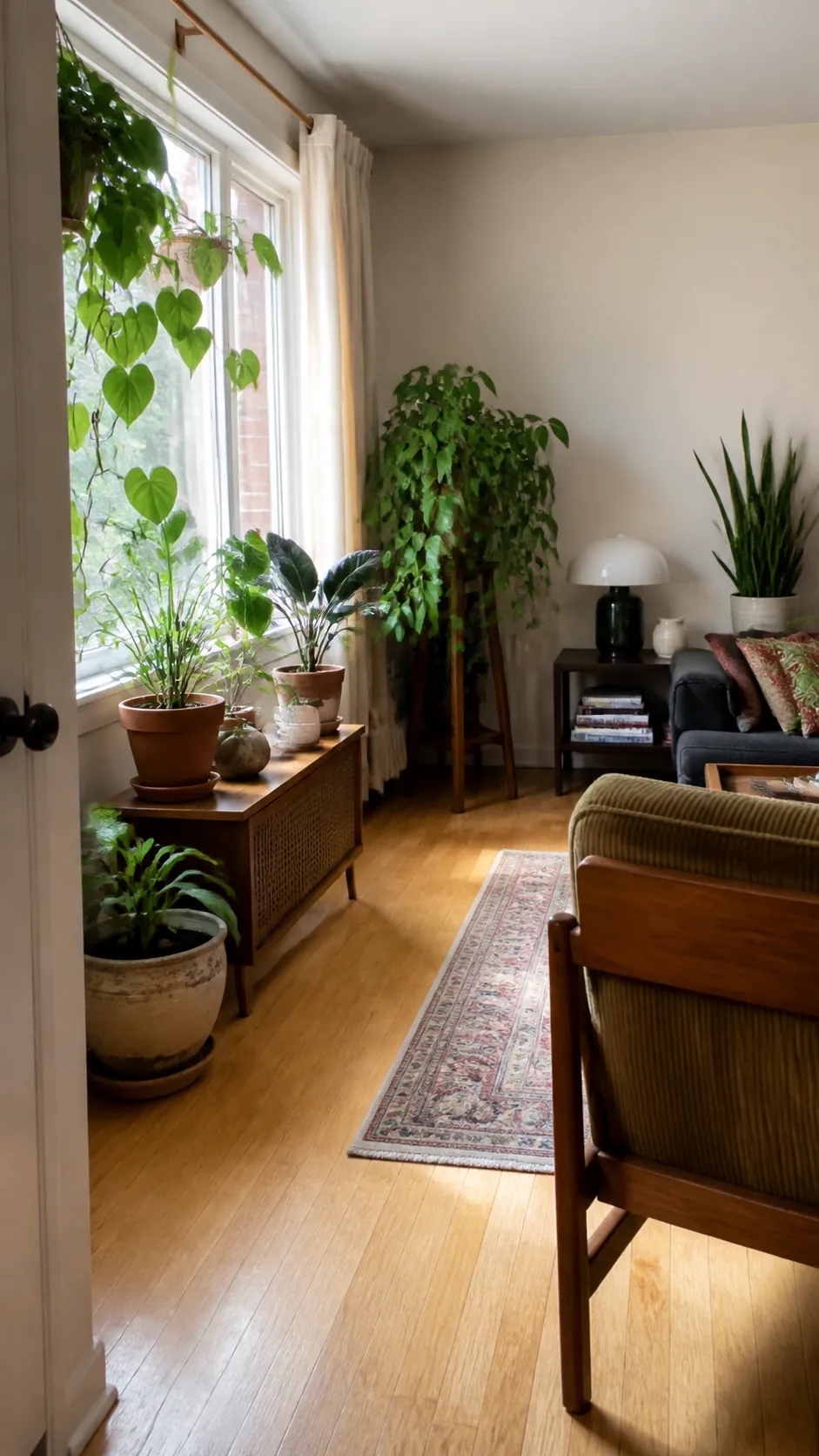 Retro living room grouping houseplants according to window light