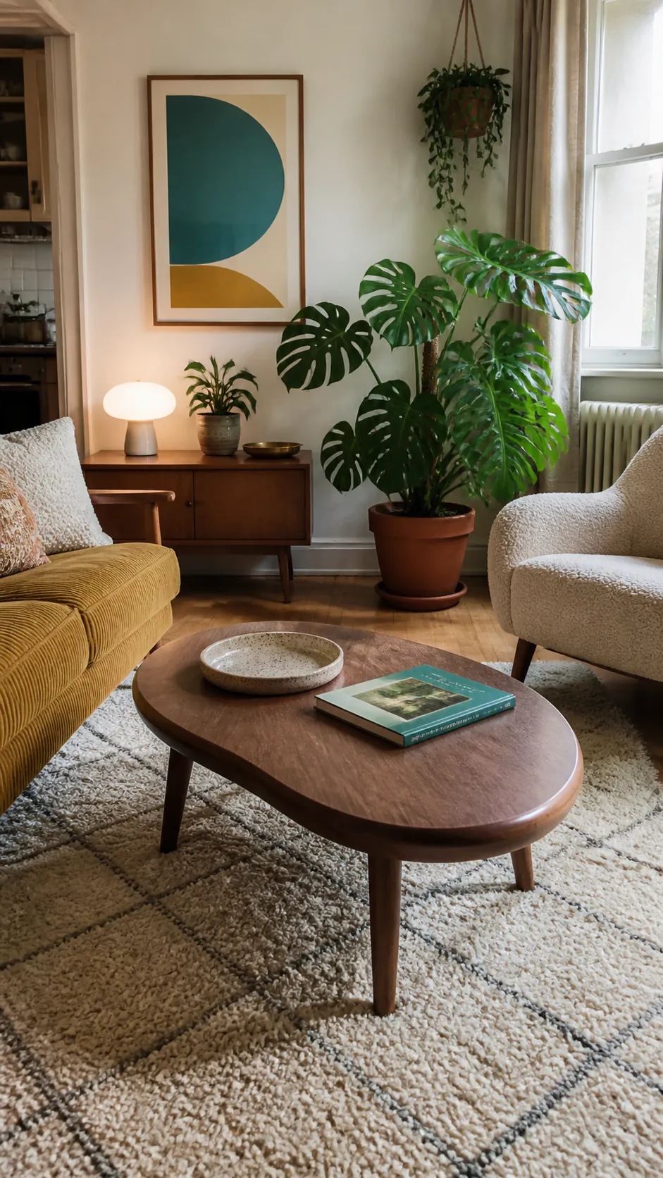 Small retro living room with a rounded kidney-shaped coffee table