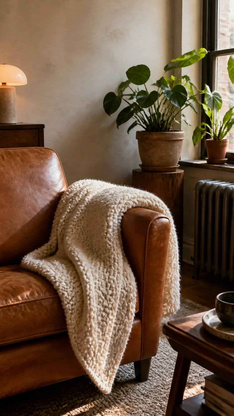 Retro leather chair softened with a nubby woven throw