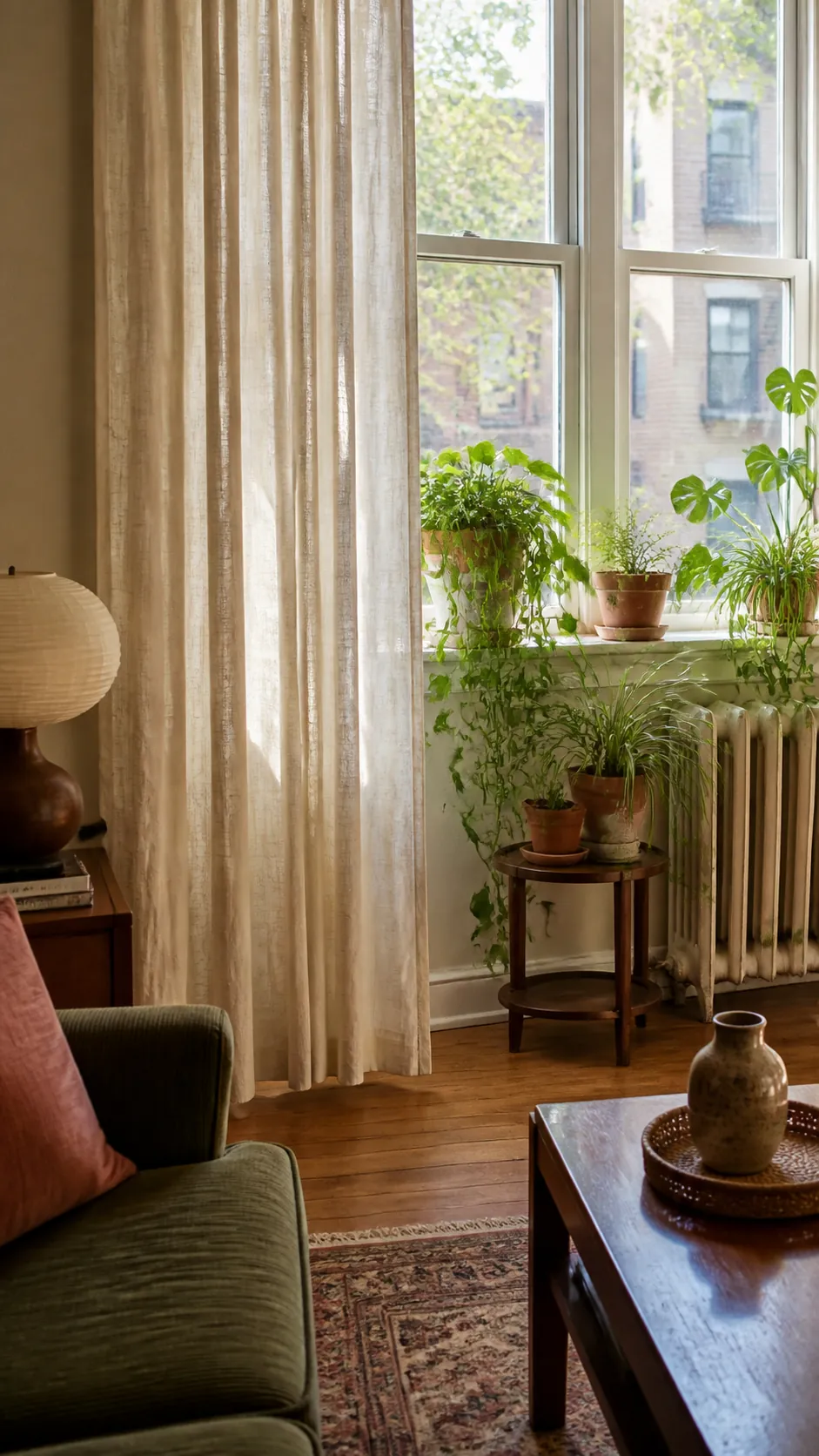 Retro living room with textured curtains arranged around healthy plants
