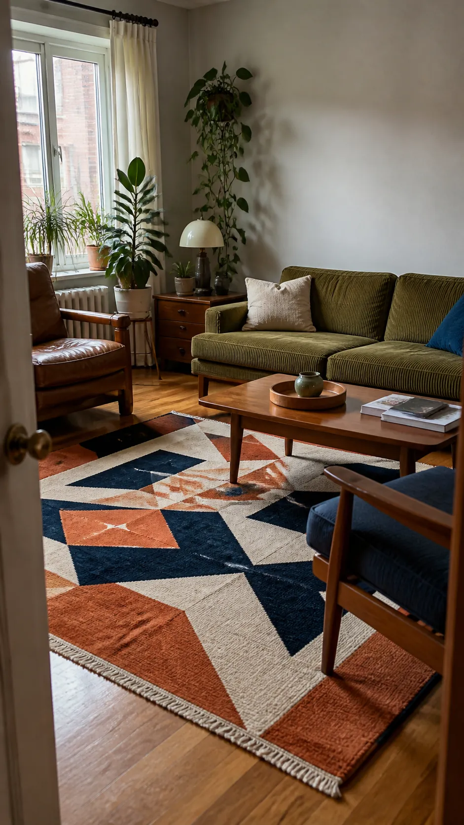 Retro living room balancing one bold geometric pattern with solid upholstery