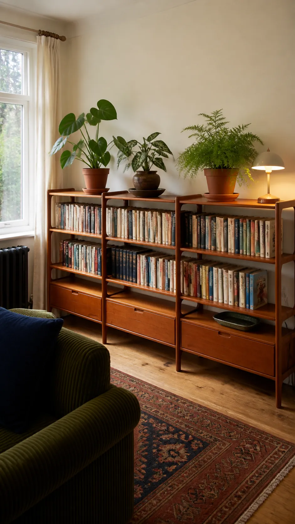 Vintage shelving styled with cohesive book runs and restrained plants