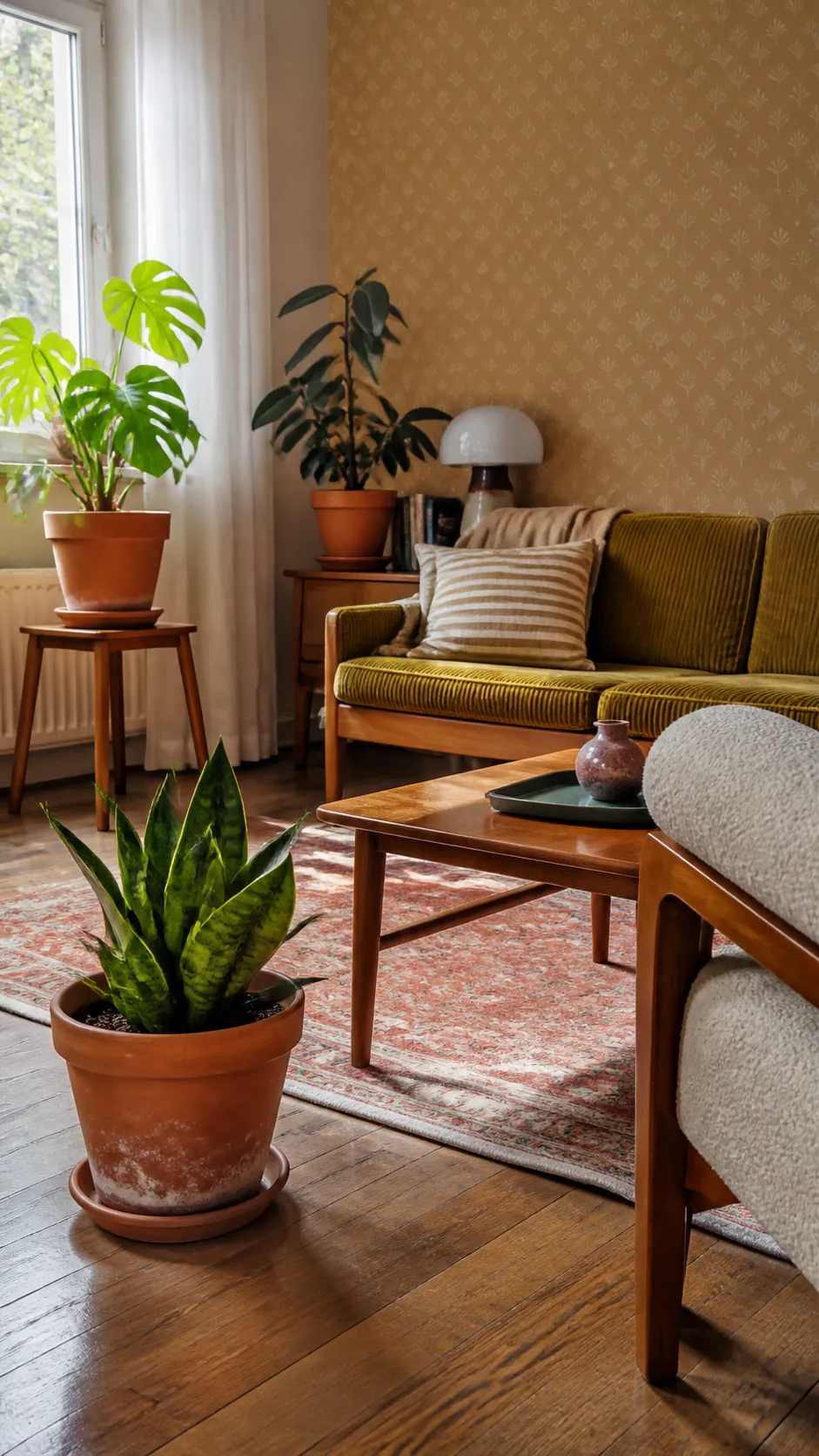 Retro plant decor using terracotta pots as warm color accents