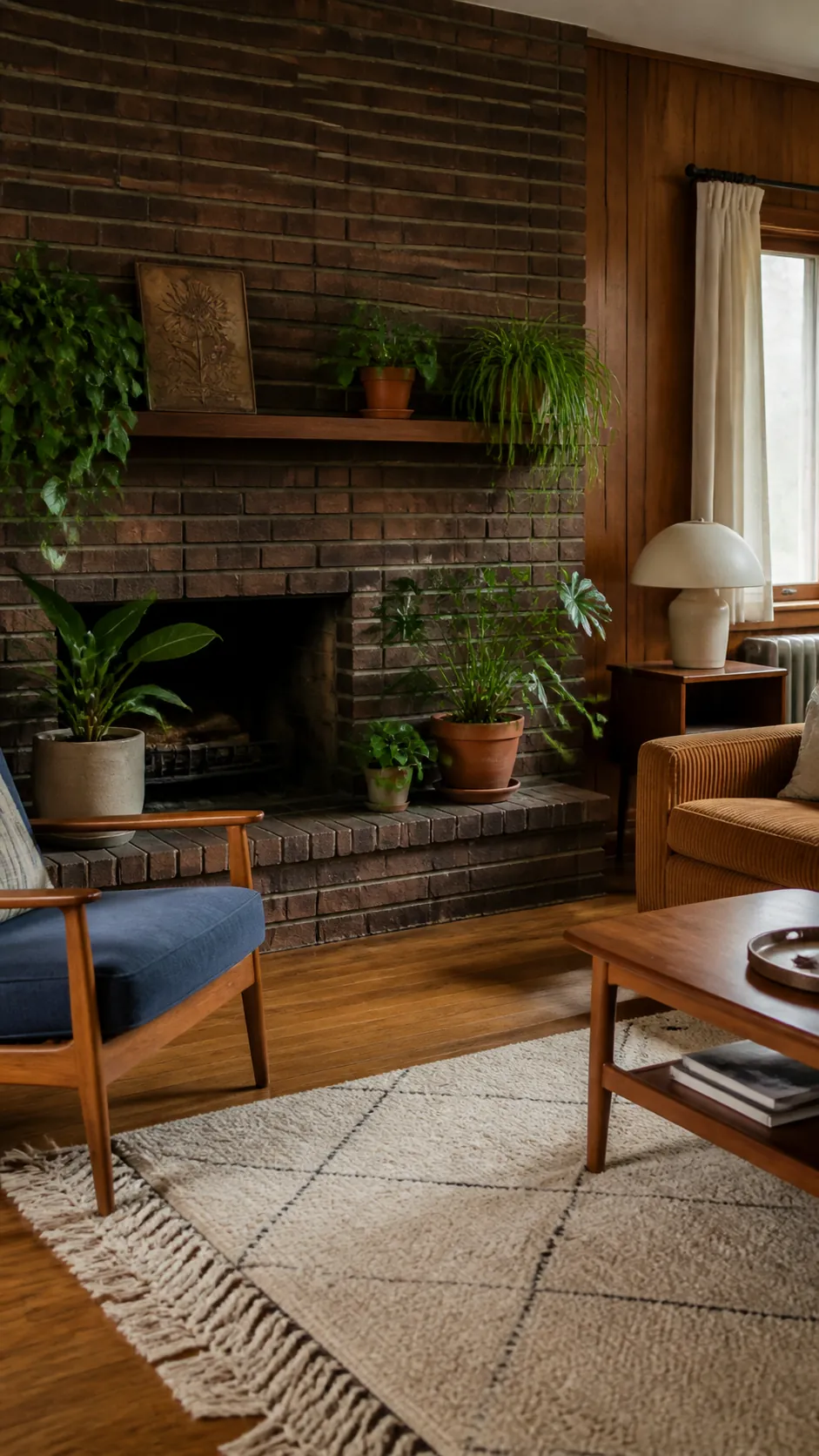Cozy retro living room with plants against original dark brick