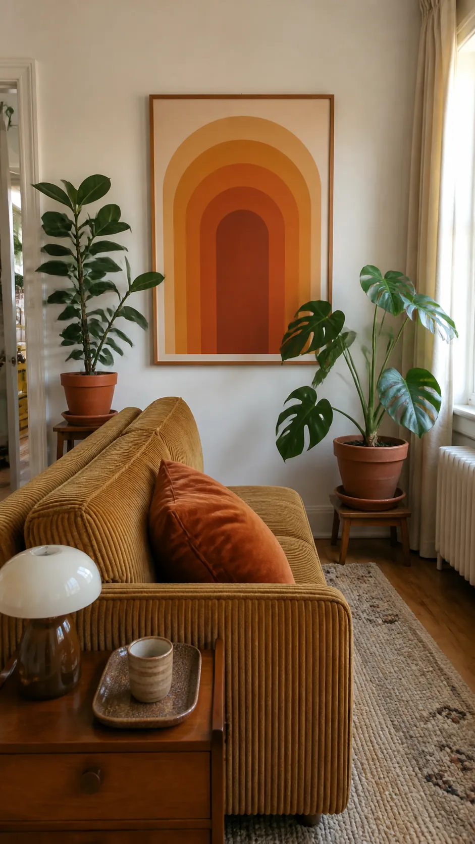 Retro living room with concentric-arch graphic art and plants