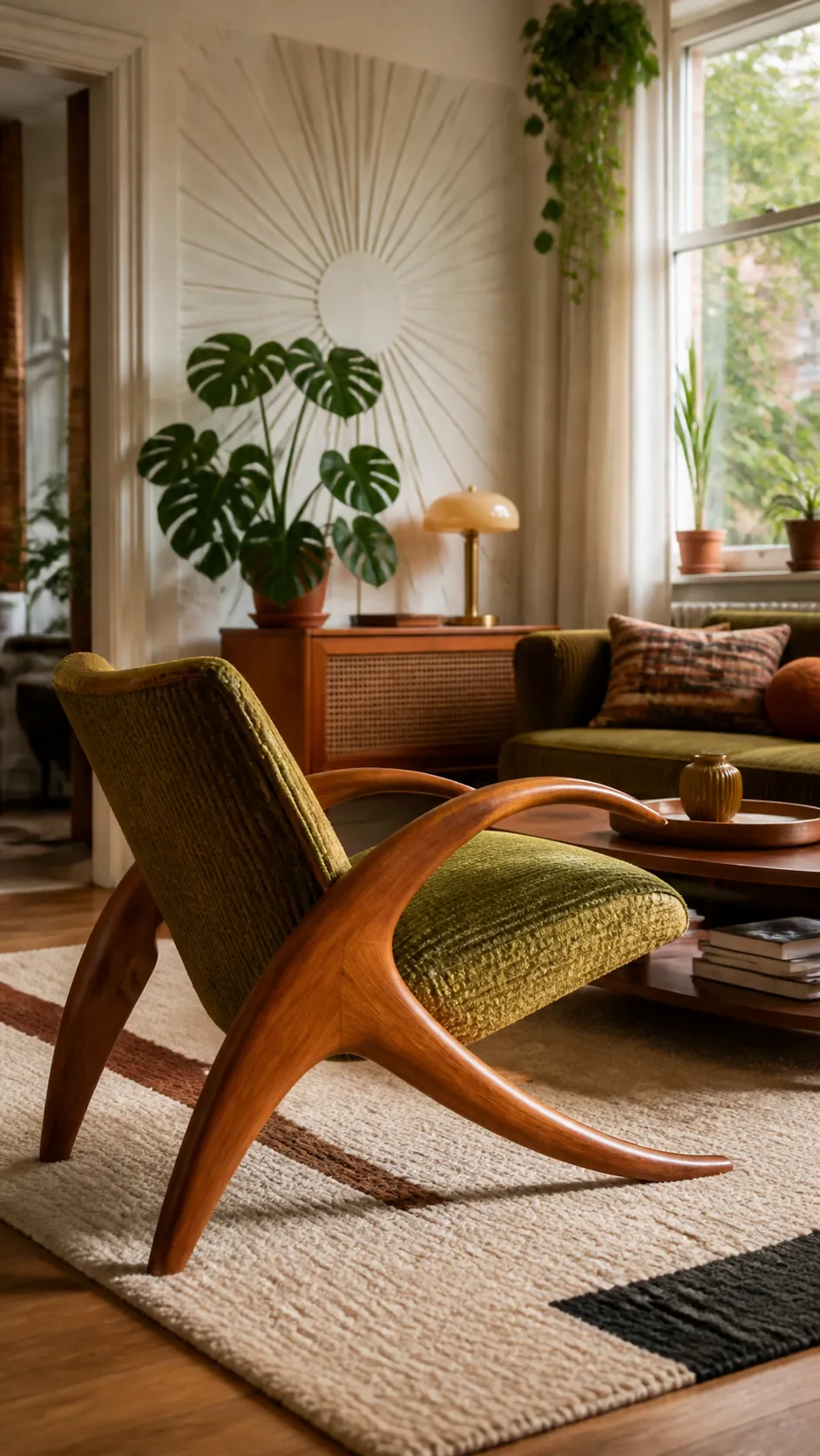 Collected retro living room centered on one memorable vintage chair