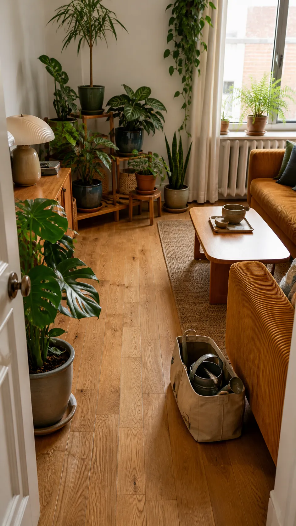Plant-filled retro room arranged with a clear practical watering path