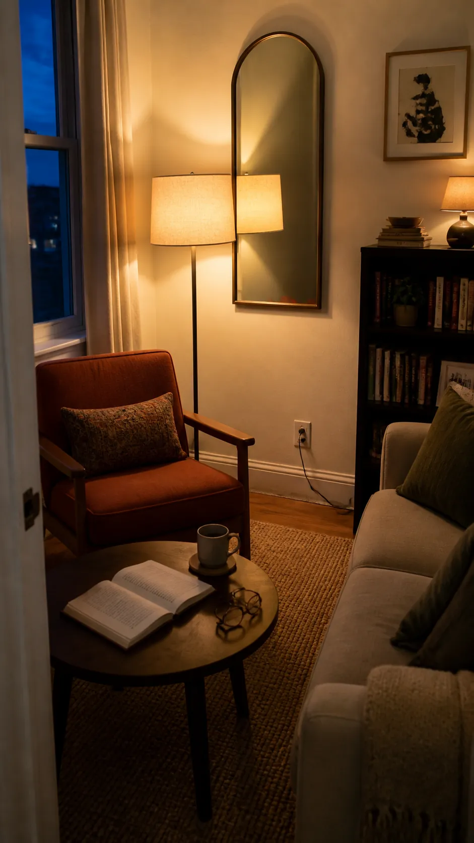 Shaded floor lamp reflected softly in a mirror in a small sitting room