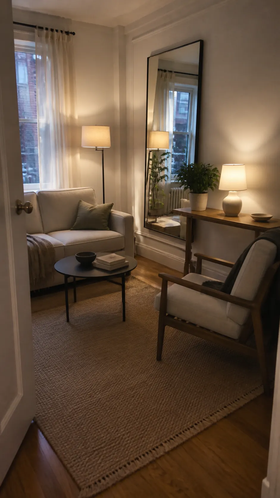 Mirror and layered lighting making a small living room feel brighter