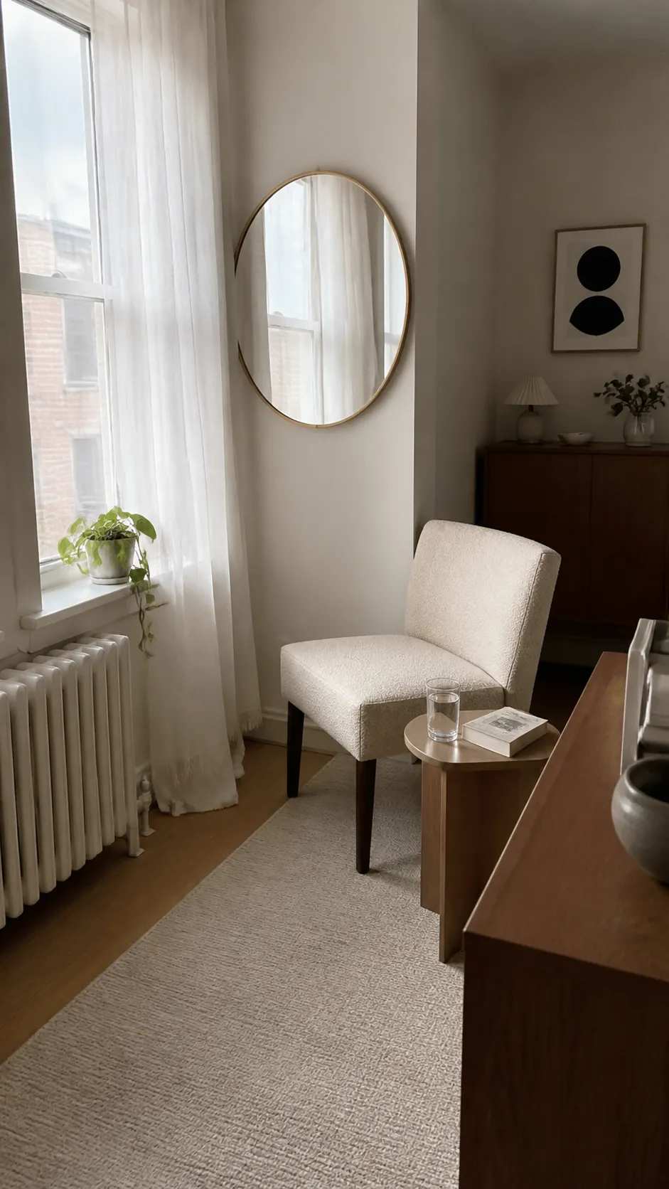 Round mirror beside a window spreading soft daylight through a compact room