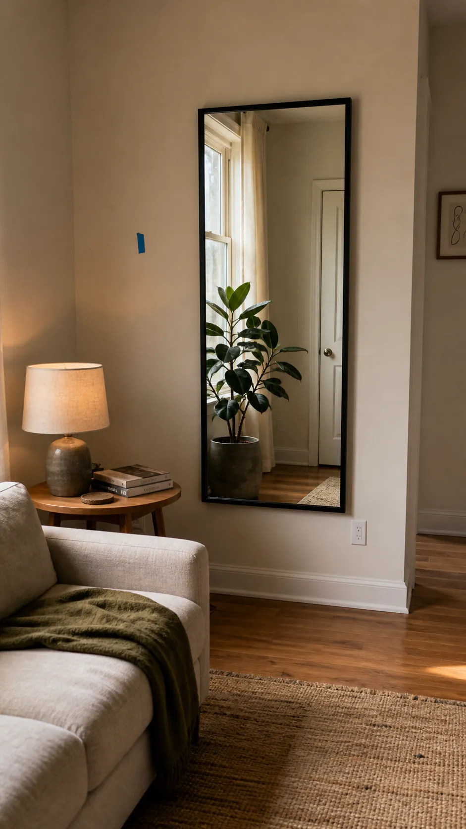 Tall wall mirror reflecting a calm window and plant in a small living room