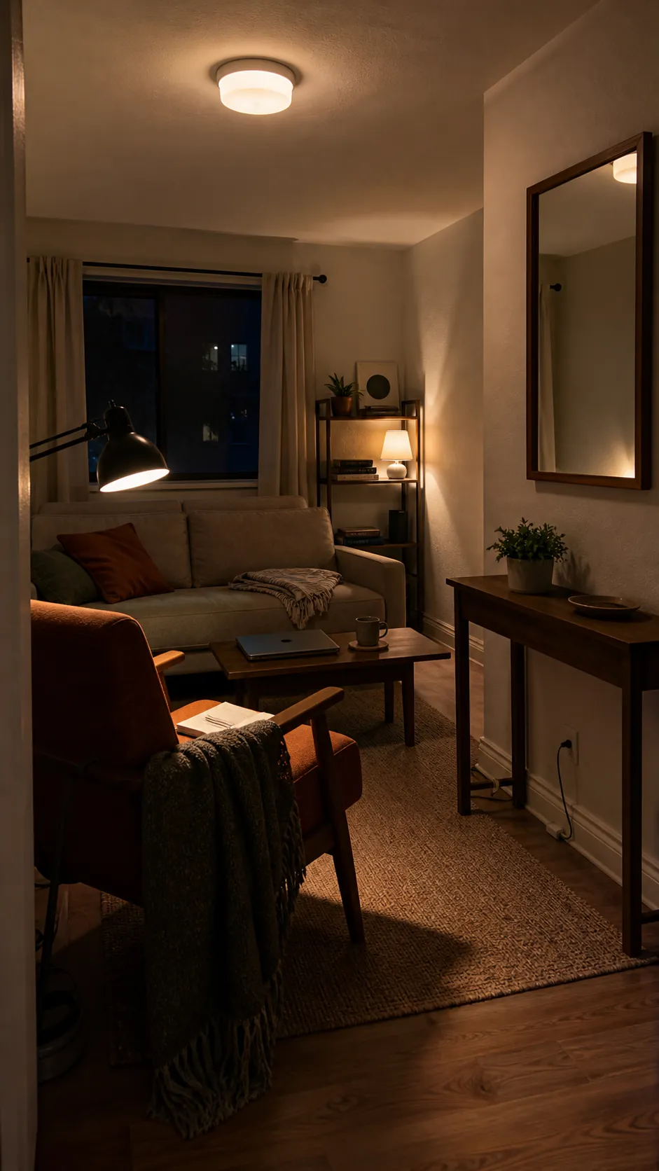 Layered ceiling, reading, and accent lights arranged around a mirror in a small room