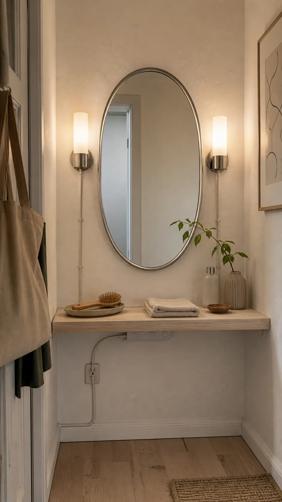 Small vanity mirror evenly lit by two diffused side sconces