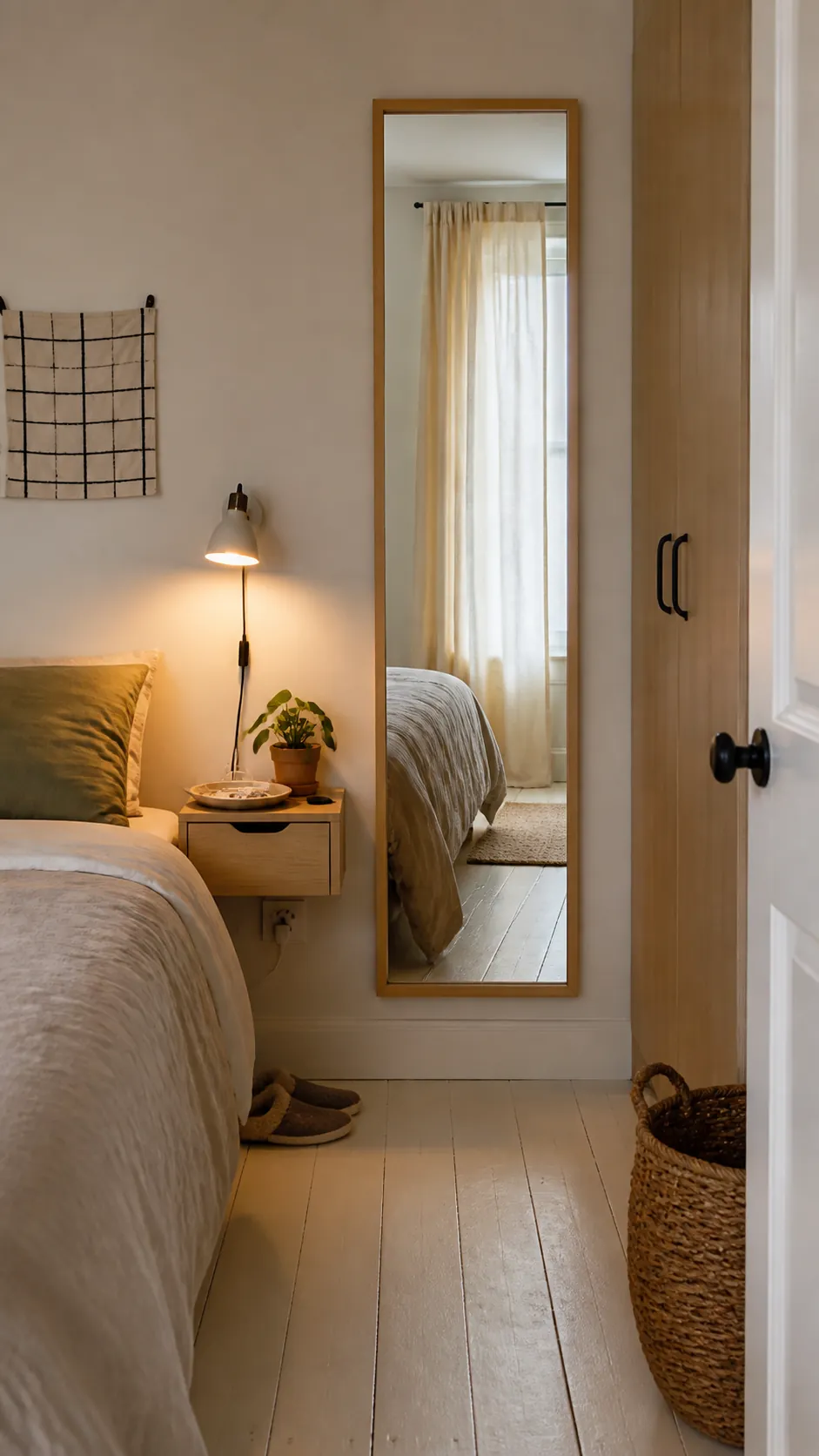 Securely mounted full-length mirror adding height to a compact bedroom