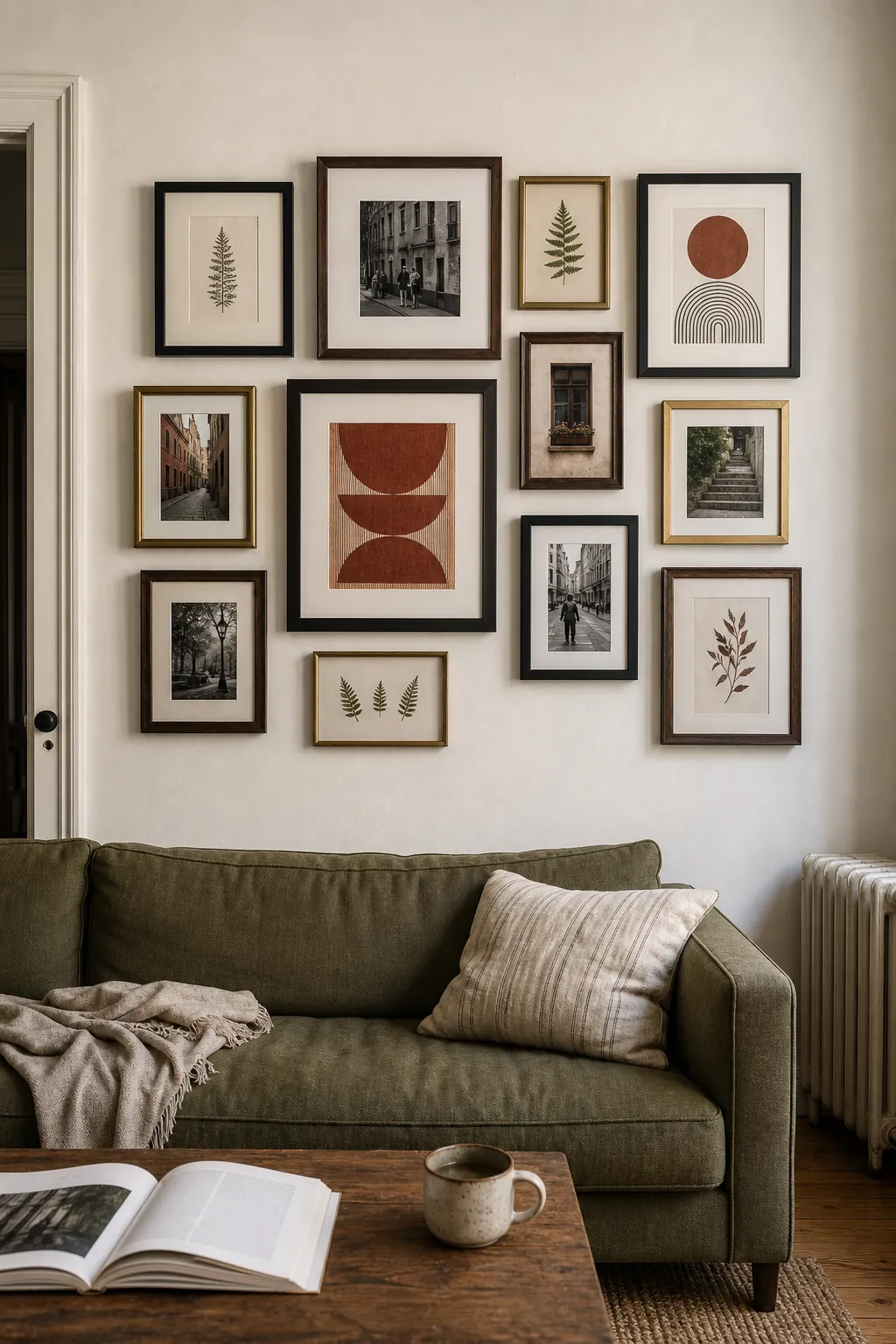 Mixed black walnut and brass gallery wall above a sofa