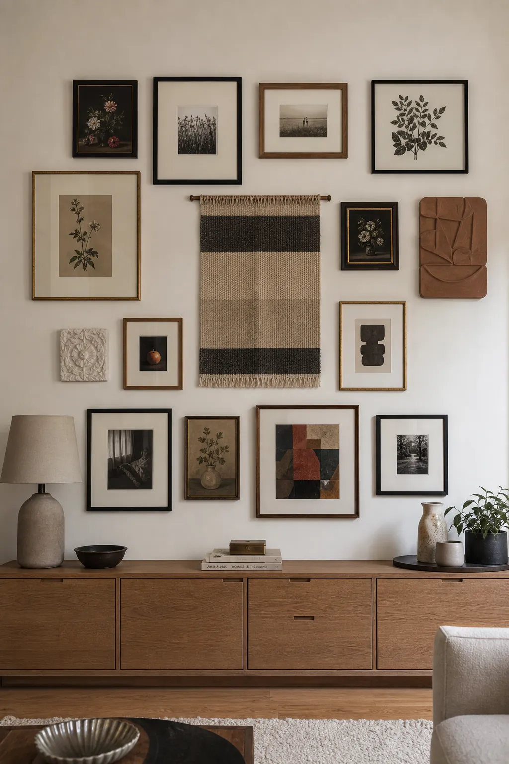 Eclectic gallery wall with mixed frames arranged in a cohesive composition