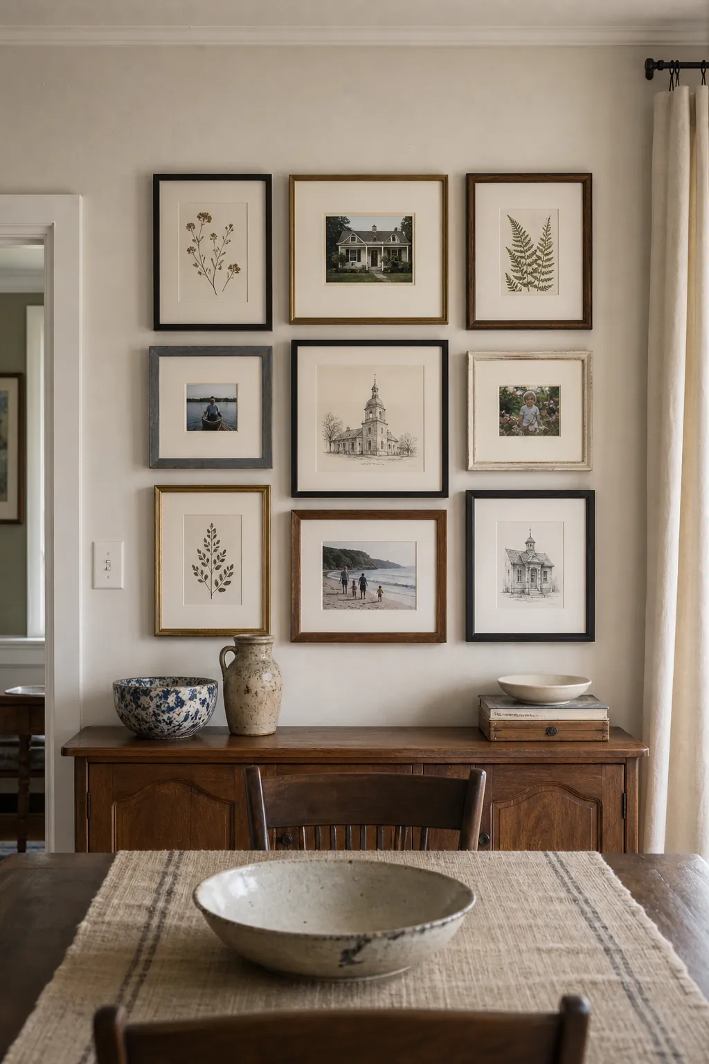 Mixed gallery frames unified by warm white mats