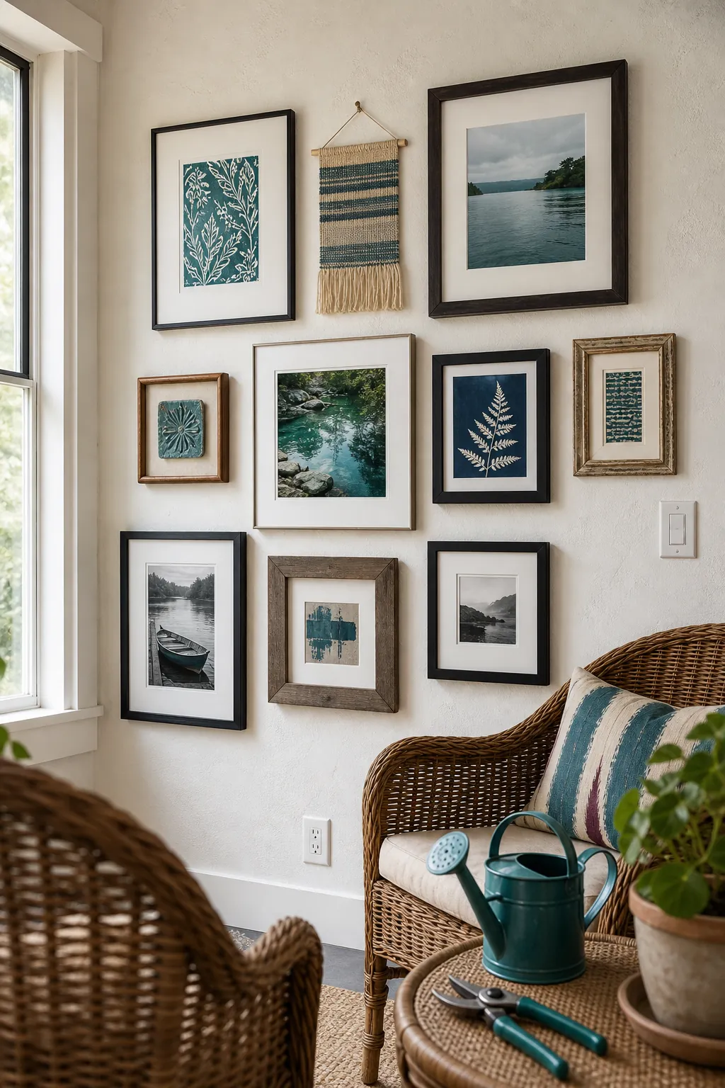 Eclectic gallery wall connected by a recurring teal accent