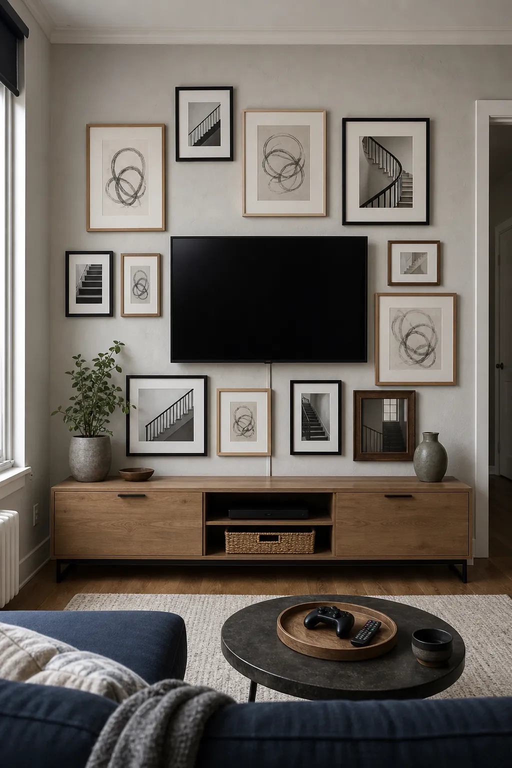 Asymmetrical mixed frame gallery arranged around a television