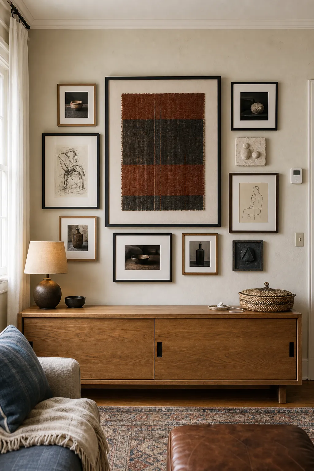 Mixed frame gallery wall built around one oversized anchor