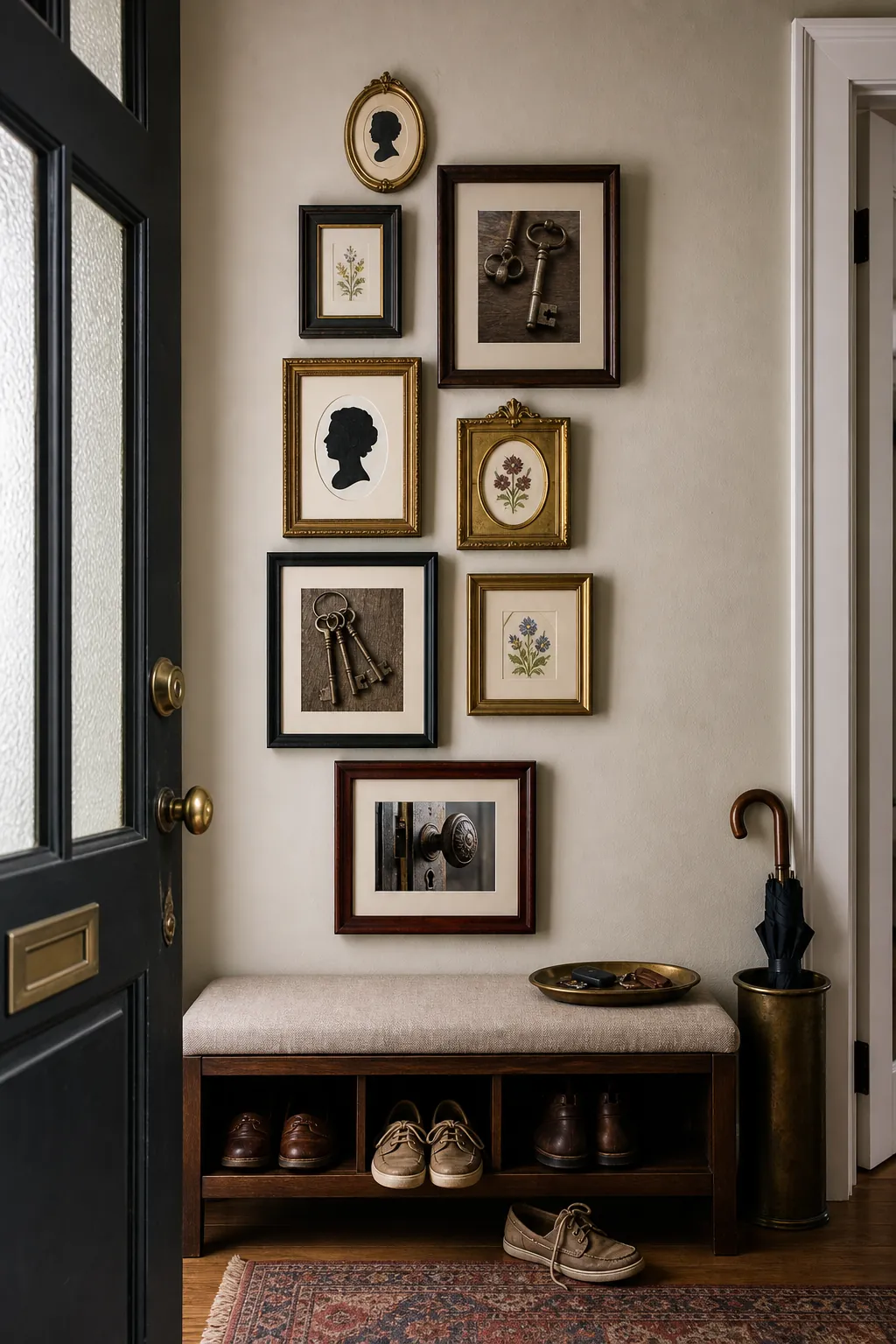 Vertical mixed frame gallery rising above an entryway bench