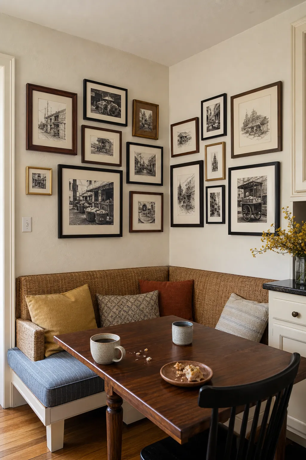 Eclectic mixed frame gallery wrapped across an inside corner