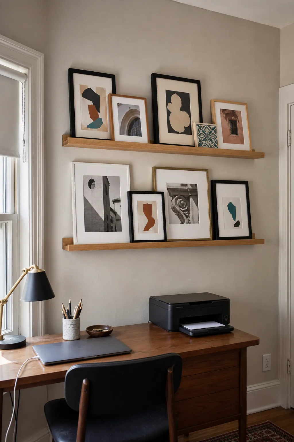 Mixed picture frames layered across two picture ledges