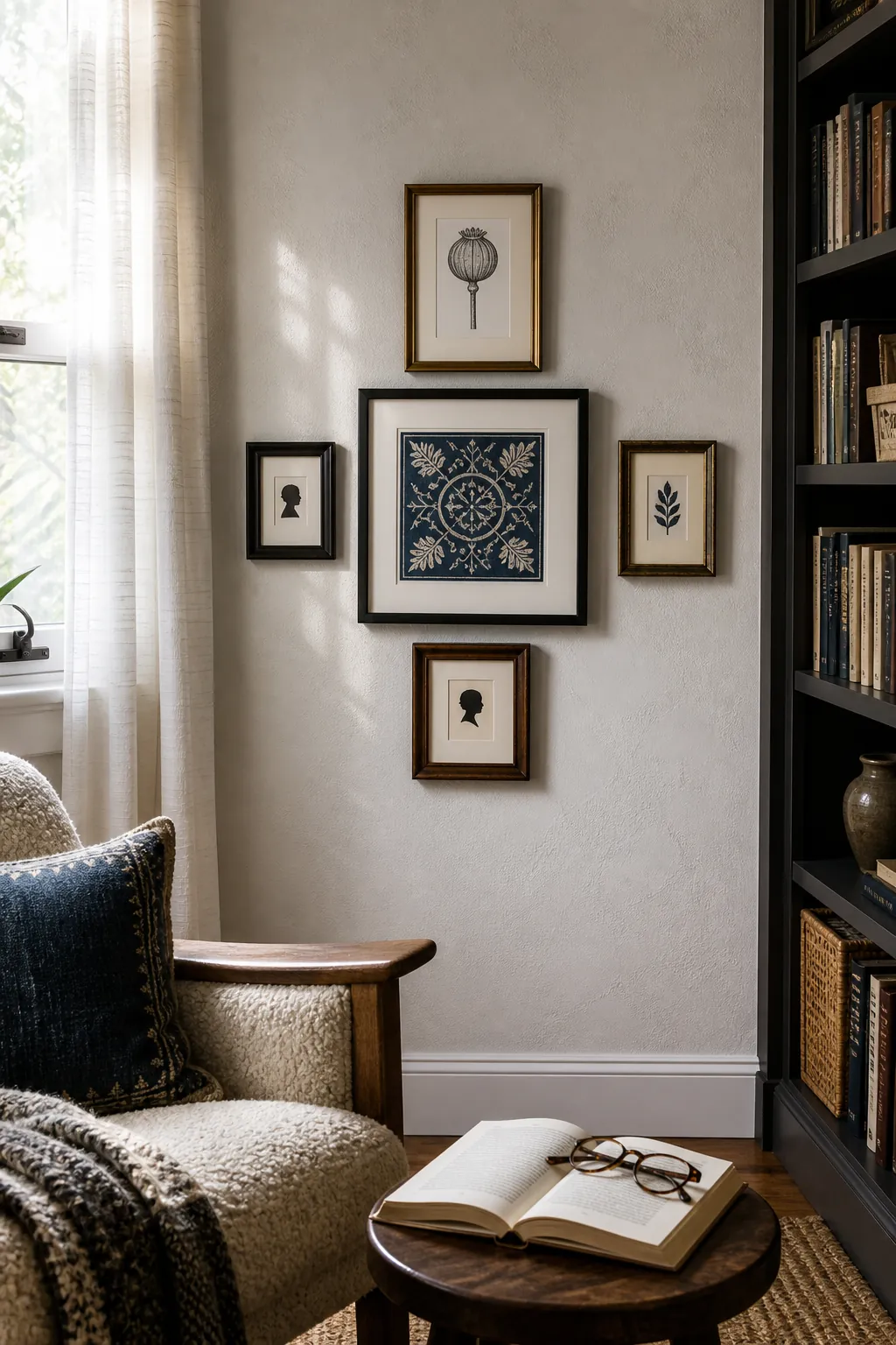 Compact diamond shaped mixed frame layout on a small wall