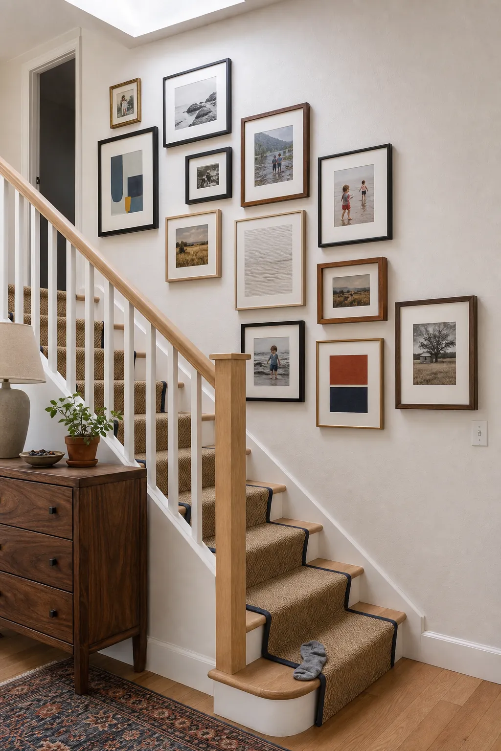 Mixed frame gallery following a staircase rise
