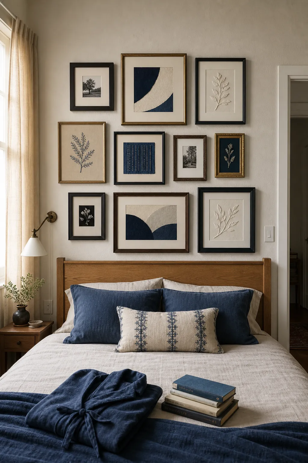 Mixed frame gallery blending photography embroidery and relief art