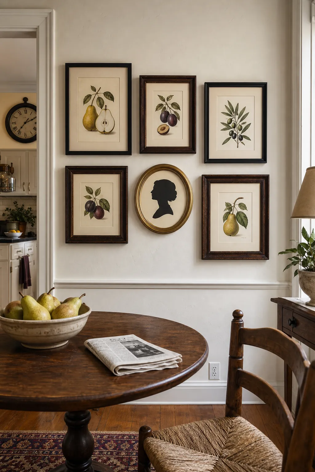 Round brass frame accent within a mixed rectangular gallery wall