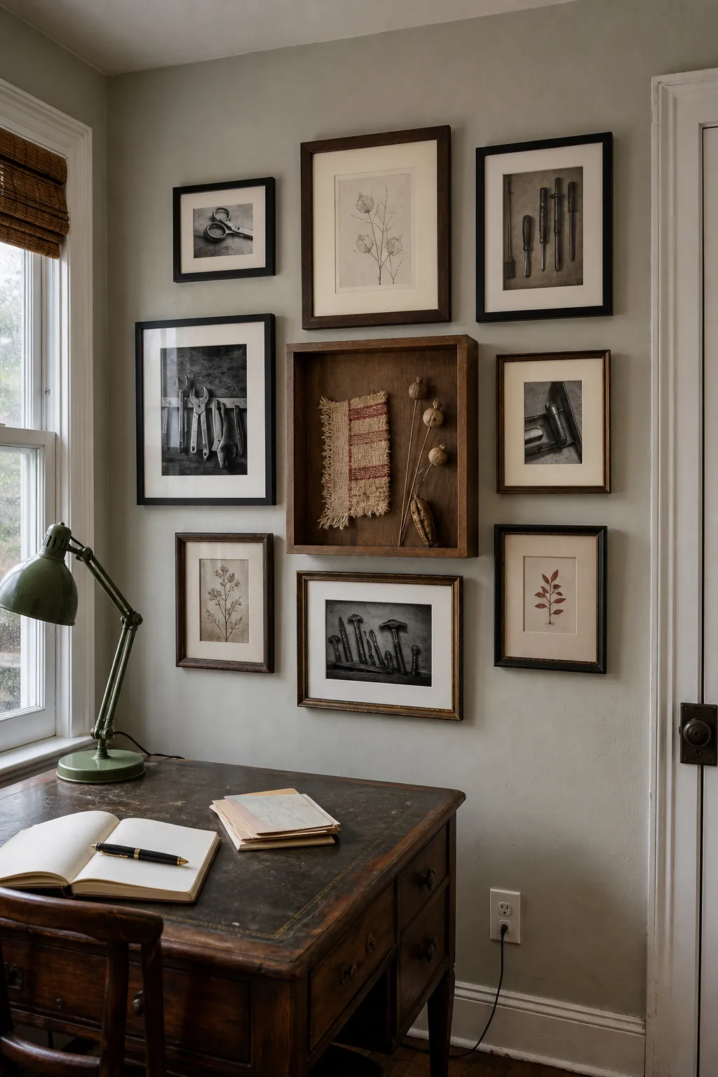 Mixed gallery wall featuring a dimensional keepsake shadow box