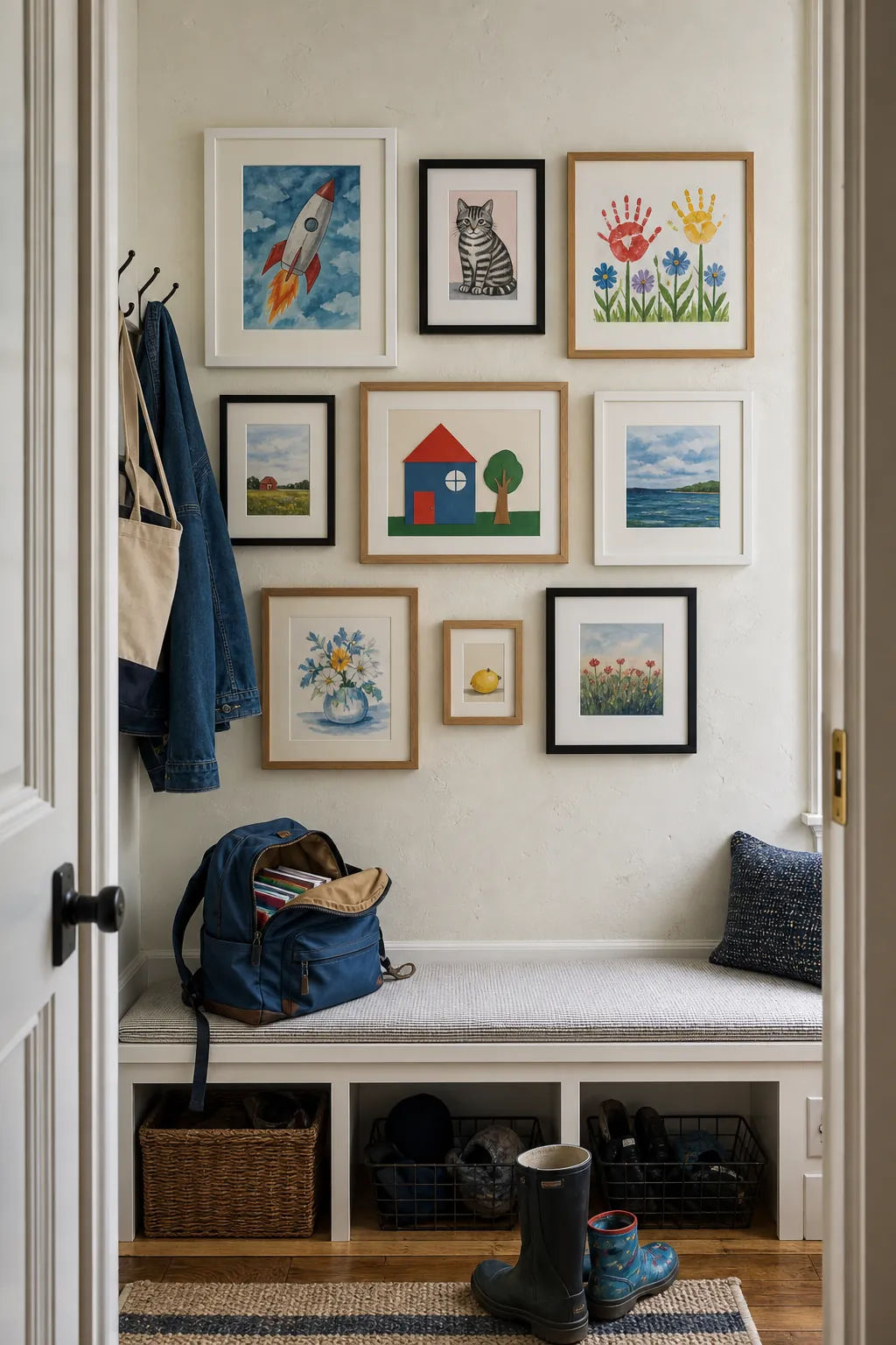 Lightweight mixed frame rental gallery mounted above a bench
