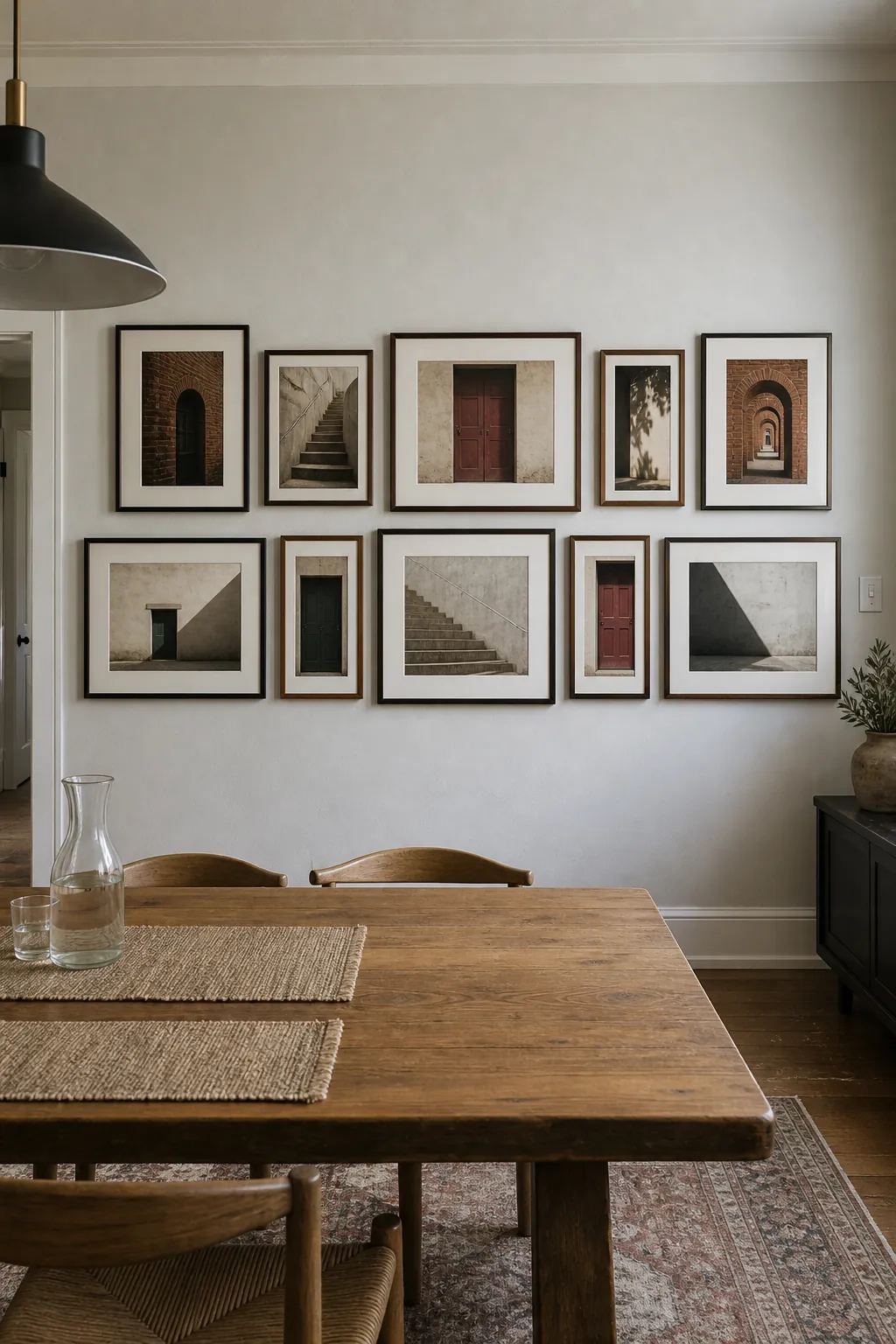 Mixed width frames aligned in two calm horizontal rows