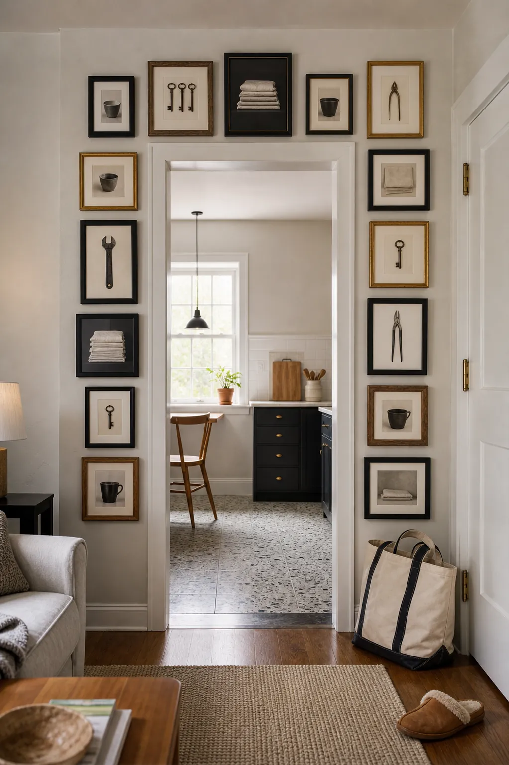 Small mixed frames tracing the sides and top of a doorway