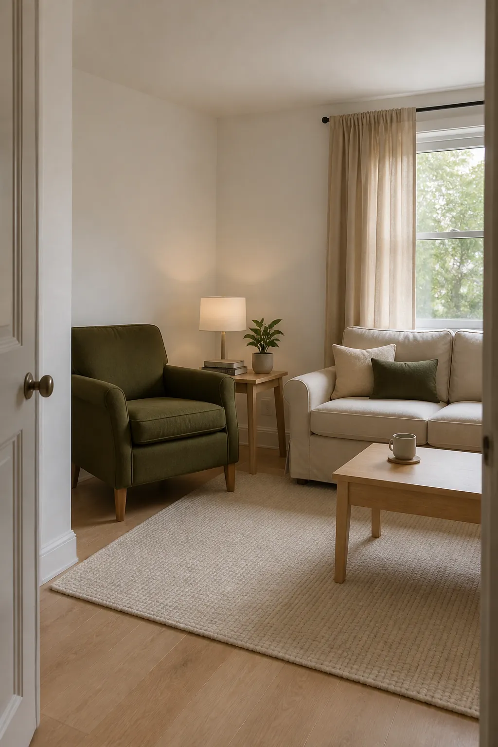 Small living room in warm white and muted olive