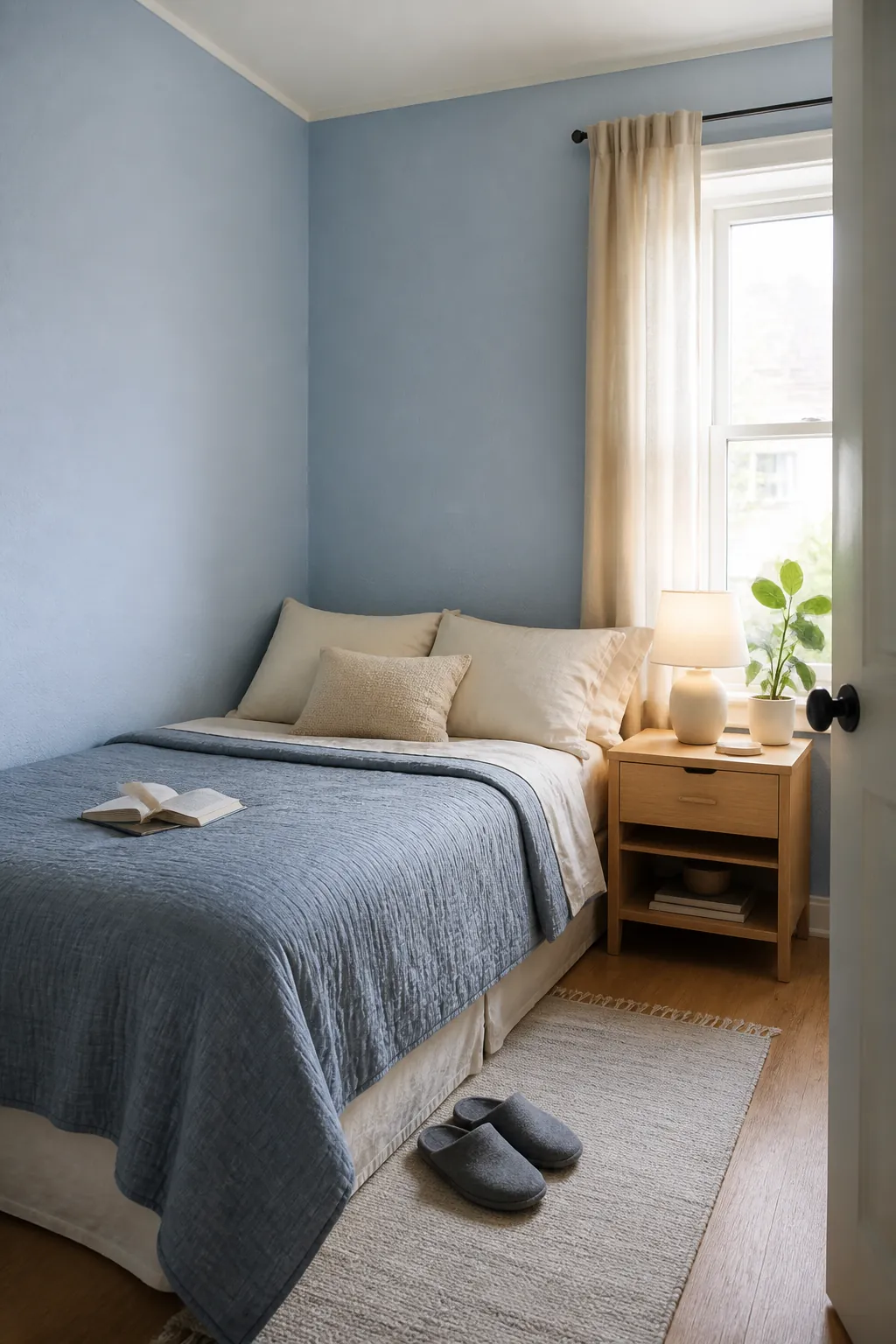 Compact bedroom with a calm tonal pale blue palette