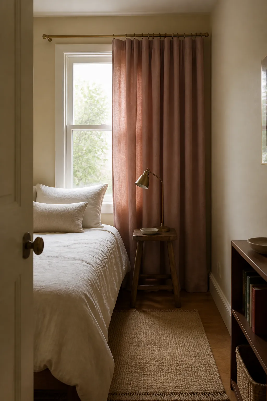 Small bedroom combining beige and dusty rose