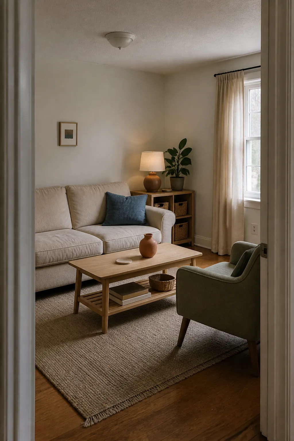 Calm small room showing a balanced palette of soft colors