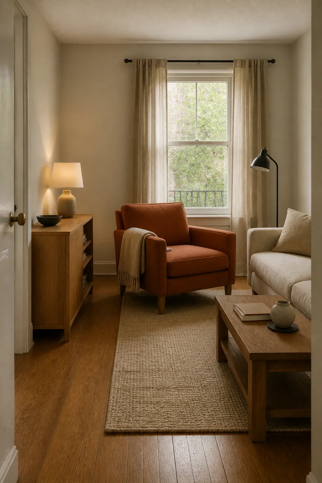 Neutral compact room with one grounded clay accent