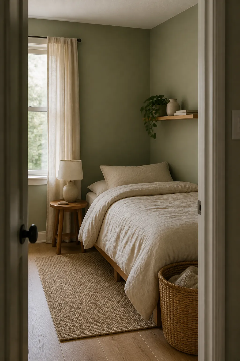 Small sage room styled with natural linen
