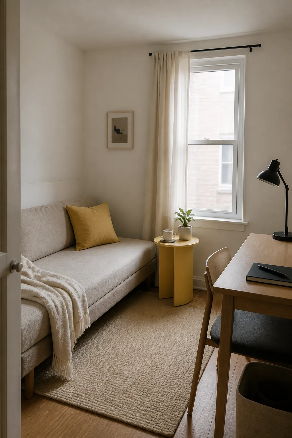 Warm white small room with a measured butter yellow accent