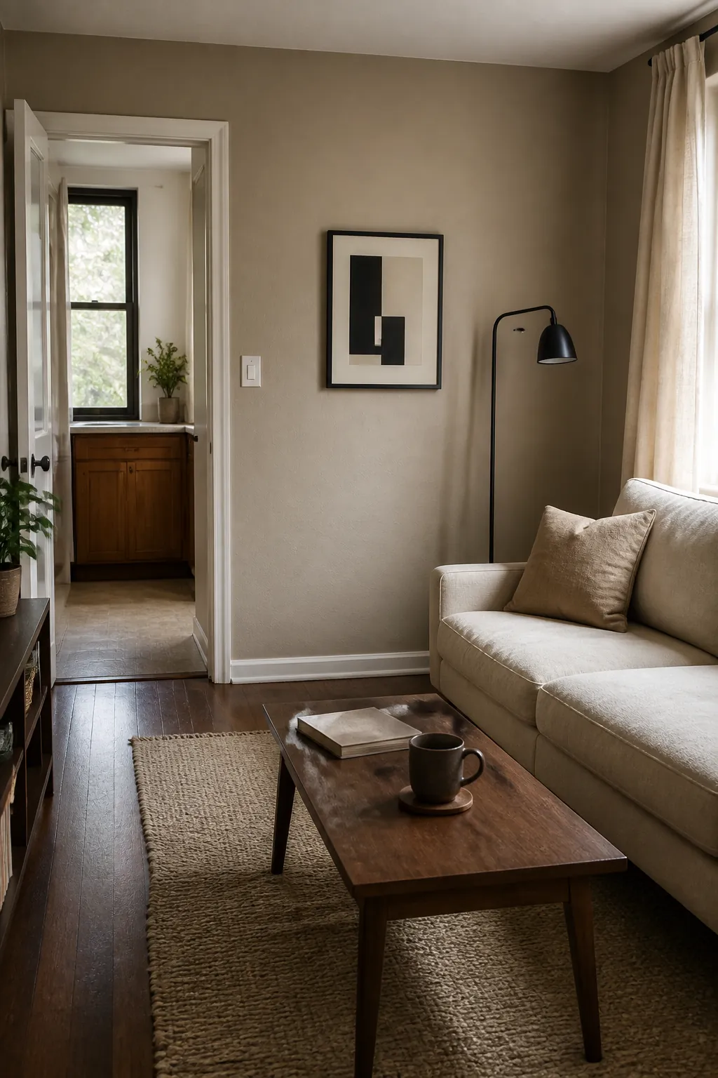 Mushroom-colored small room with thin soft black details