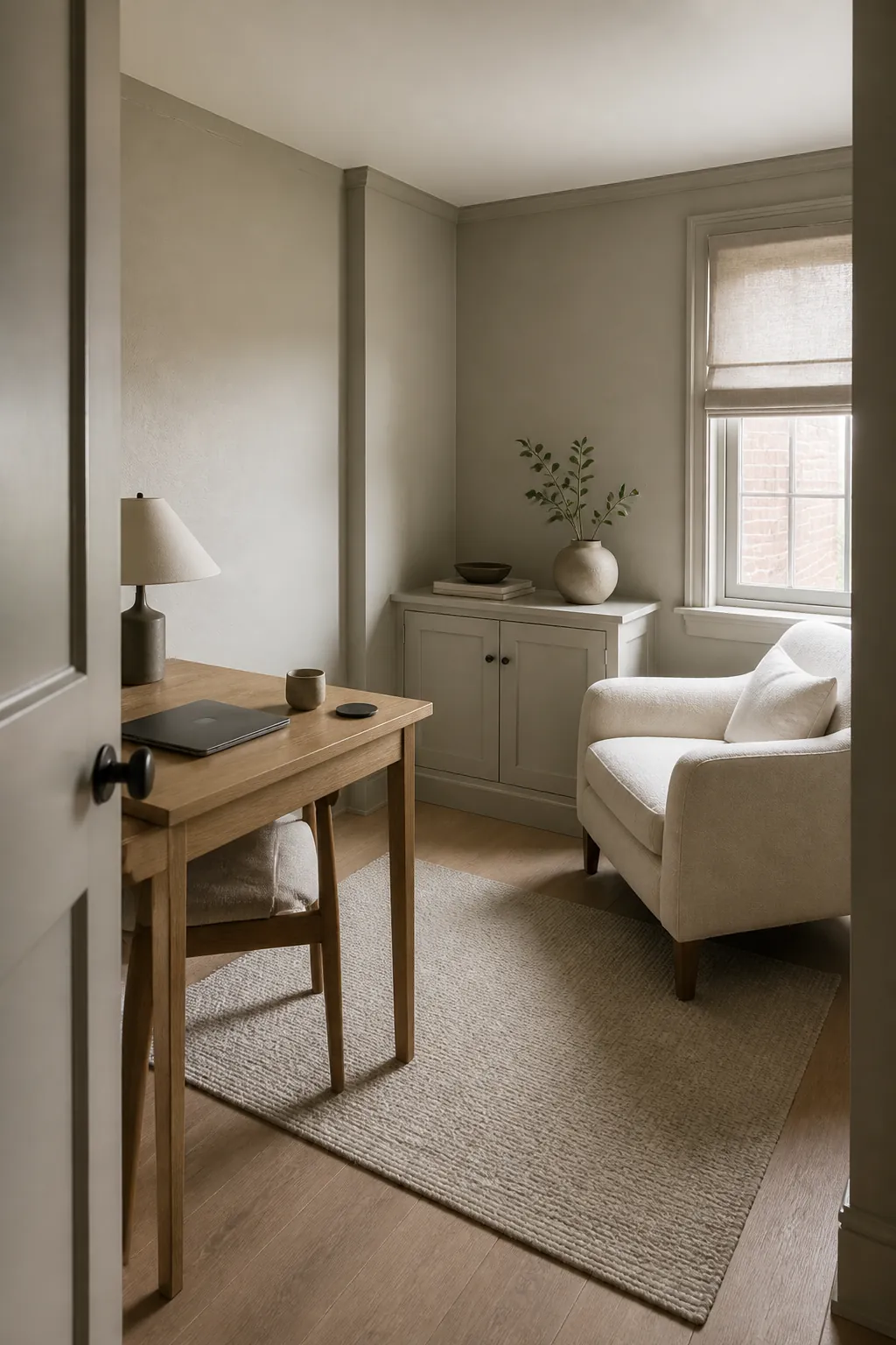 Compact room color wrapped in soft greige