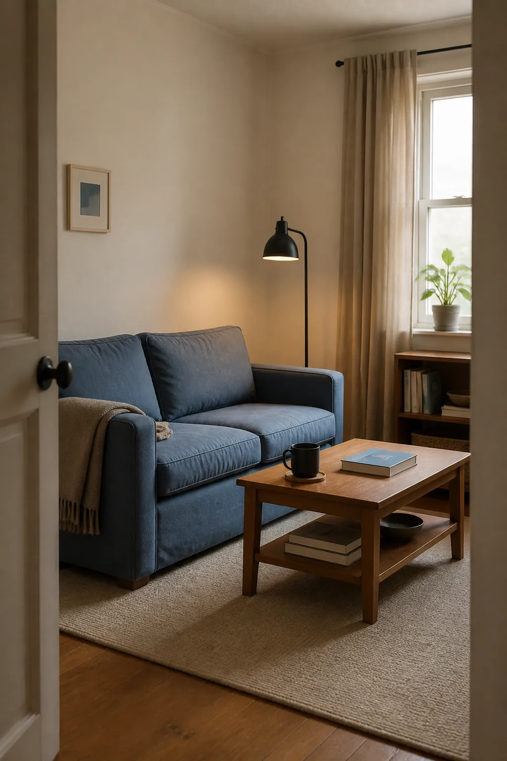Cream small room with faded denim blue upholstery