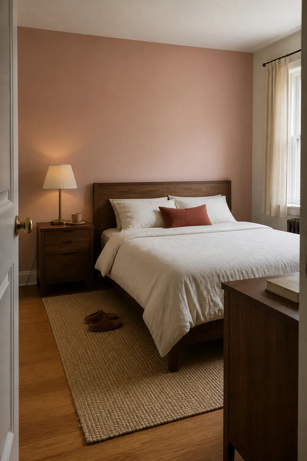 Pale blush small bedroom grounded by walnut furniture