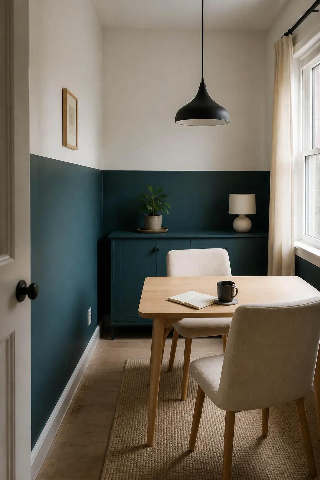 Small room with deep teal used below the sightline